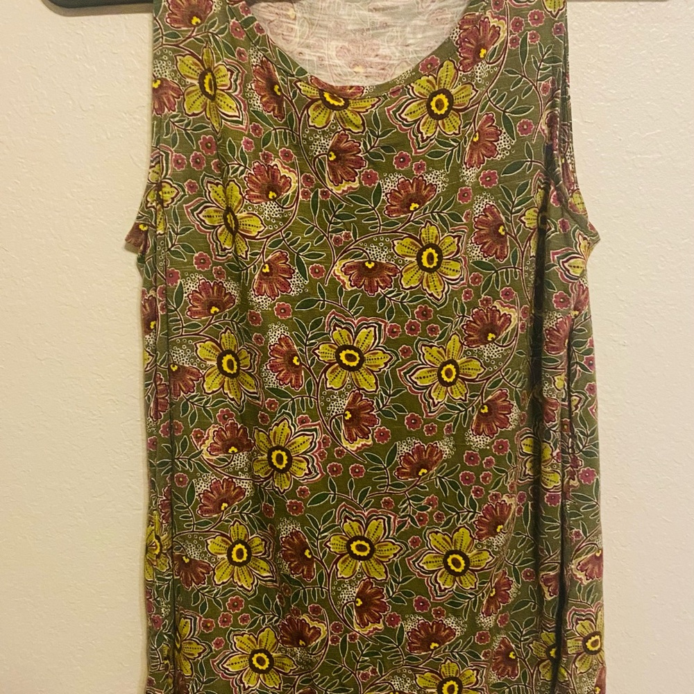Tank Top Womens Small Green Yellow Floral Print Scoop Neck Relax Stretch Rayon